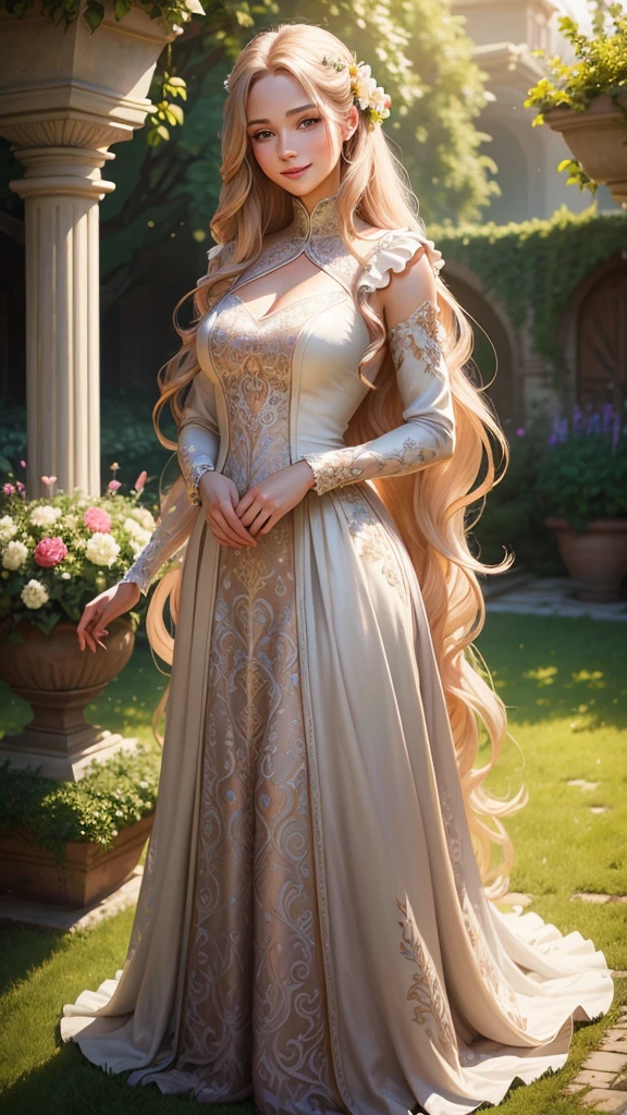 A beautiful young woman in a serene garden, smiling radiantly, long flowing hair, detailed eyes and lips, elegant floral dress, natural lighting, vibrant colors, 8k, photorealistic, digital art, highly detailed, masterpiece