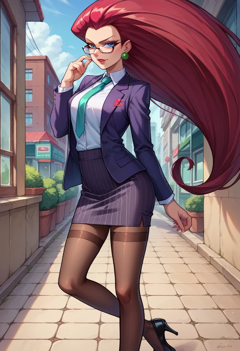 score_9,score_8_up,score_7_up,score_6_up, source_anime, 1girl, solo, (((EPpkJessie))), long hair, blue eyes, glasses, red hair, hair slicked back, pinstripe skirt suit, suit and tie, (((three-piece suit))), silk dress shirt, shirt and tie, necktie, ((blazer)), ((suit jacket)) ((waistcoat)), ((bodycon miniskirt)), stockings, high heels, tie clip, pocket square, tailored suit, (, confident, arrogant