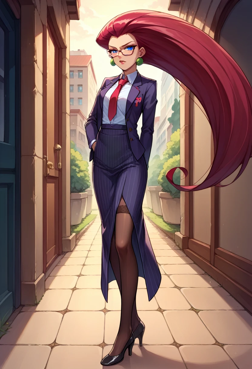 score_9,score_8_up,score_7_up,score_6_up, source_anime, 1girl, solo, (((EPpkJessie))), long hair, blue eyes, glasses, red hair, hair slicked back, pinstripe skirt suit, suit and tie, (((three-piece suit))), silk dress shirt, shirt and tie, necktie, ((blazer)), ((suit jacket)) ((waistcoat)), ((bodycon miniskirt)), stockings, high heels, tie clip, pocket square, tailored suit, (, confident, arrogant