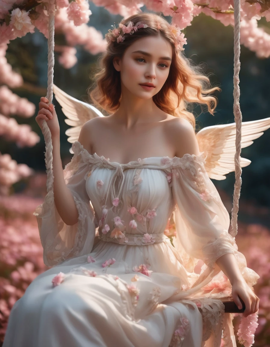 A charming angel maiden with delicately folded wings, perched on a quaint swing of blooming petals knotted in the air, raw photography, resembling a dream book illustration, unveiling an aesthetically breathtaking panorama, dynamically interplay of light, depth of field, intricately detailed