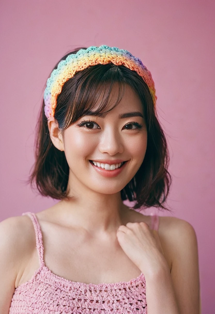 quite a bit body a beautiful cute Japanese woman, still from the film, (Anne Hathaway look alike face: 0.8), a a closeup photo of a cute smiling fashionista woman with a pastel rainbow colored crochet headband, Leica SL3, Summicron-SL 75 f/2 ASPH, Kodak Gold 200 film, bokeh, rim lighting, silhouette, shallowed depth of field, dynamic hands up,