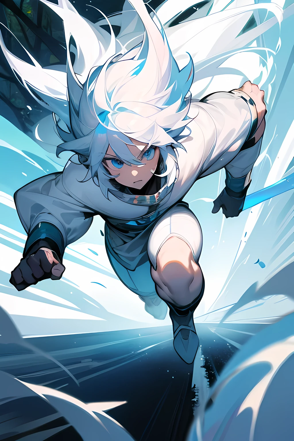 White hair-blue eyes boy ,white beast, running in the forest, for being chased by lands from another planet