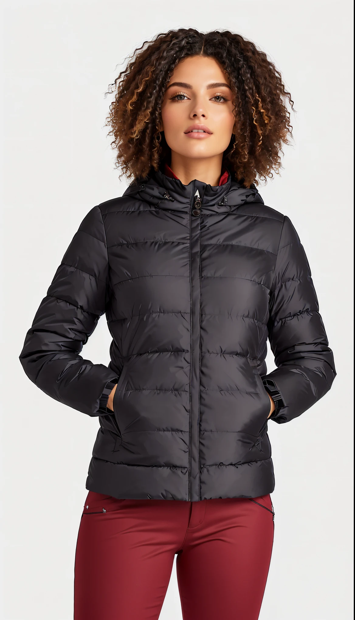 a pretty white woman in a black jaqueta and red pants stands with her hands on her hips, model wears a puFFer jaqueta, puFFer jaqueta, with two Front pockets, F / 2 0, em fundo cinza, jaqueta over bare torso, foto detalhada, Imagem detalhada do produto, roupas de caminhada, jaqueta, 4 0 9 6, proFile shot, colocado contra um fundo branco