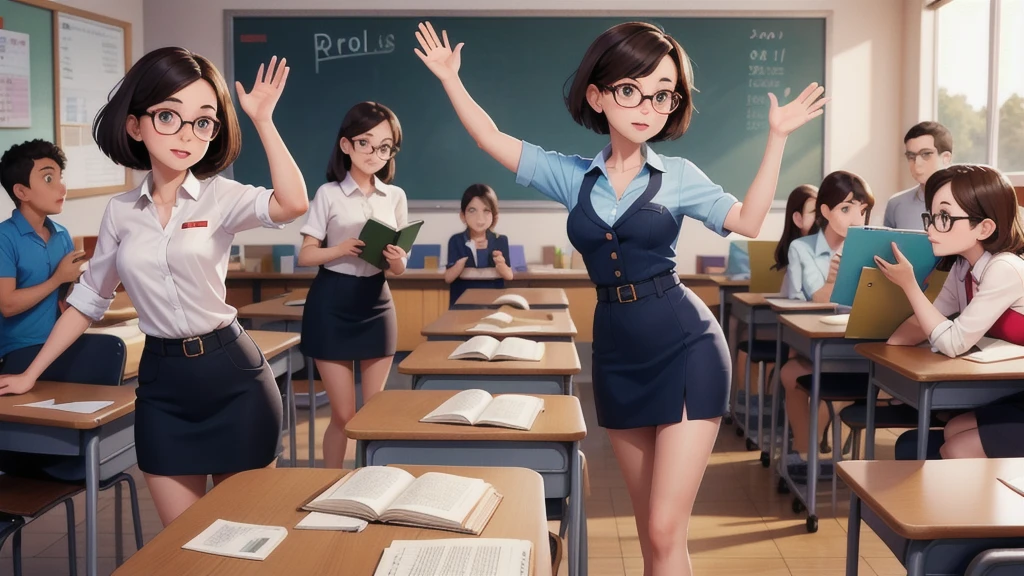 a female teacher, short hairline, wearing thin-framed round glasses, holding books, highly detailed eyes, full body view, classroom figures, raises her hand anxiously in class, waving it frantically to get students' attention