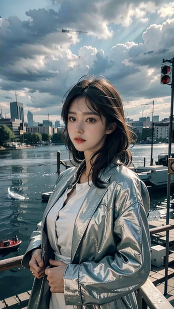 best quality, masterpiece, photo realistic, intricate details, raw photo, photon rendering, octane render, absurdres, ultra detailed, detailed face, detailed skin, trending on artstation,8k masterpiece,cinematic lighting, scenery, scenery, no humans, cityscape, sky, city, cloud, outdoors, building, sunset, city lights, bridge, river, tree, roadn, artist name,