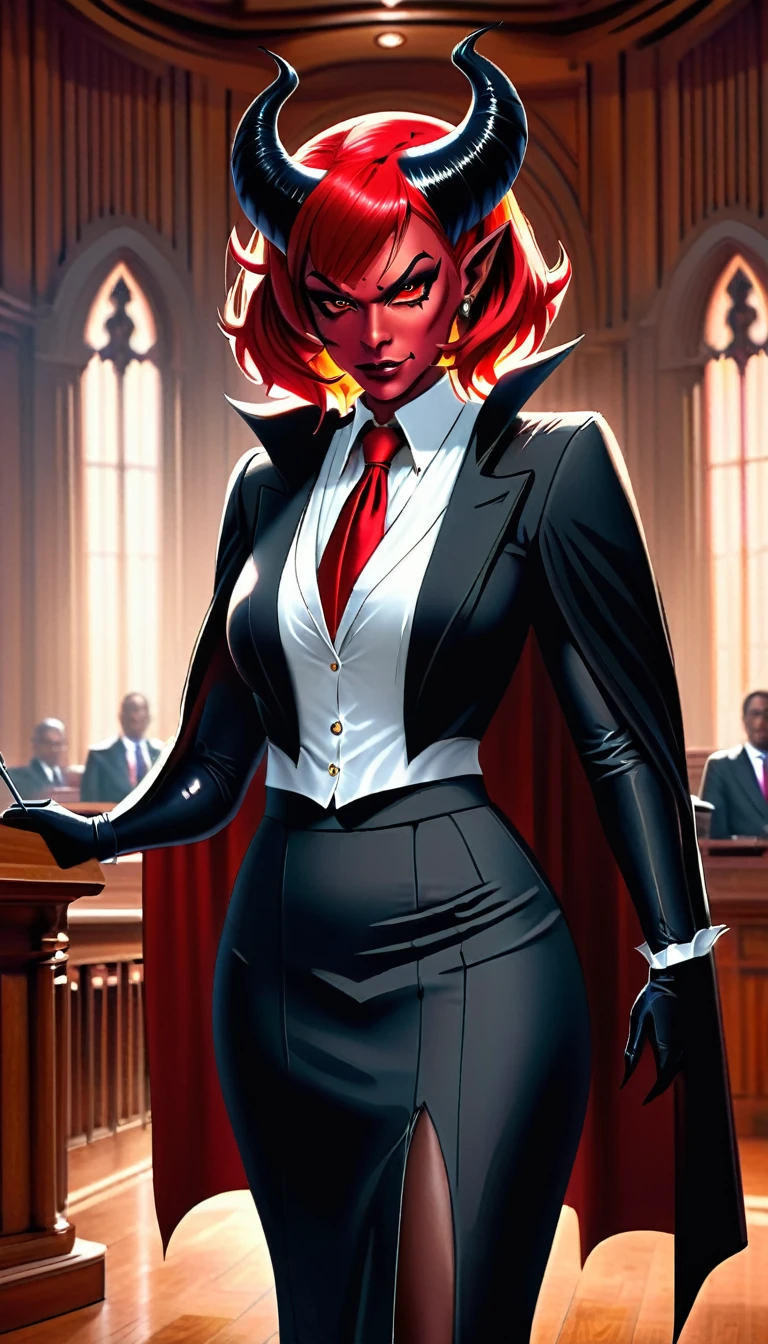 a picture of a female devil wearing barrister's wig and cloak in courtroom, a devilishly beautiful devil, ((full body shot: 1.5)), ((anatomically correct: 1.5), (ultra detailed face: 1.2), best detailed face, (red skin: 1.3), two black horns, wearing white button shirt, red tie, English barrister's wig, courtroom background, vibrant, Hyperrealism style, vibrant, Ultra-high resolution, High Contrast, (masterpiece:1.5), highest quality, Best aesthetics), best details, best quality, highres, ultra wide angle, 16k, [ultra detailed], masterpiece, best quality, (extremely detailed) RAW, photograph, Hyperrealism style, demonmawAI