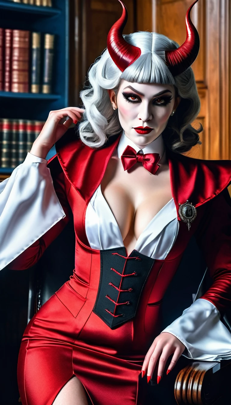 a picture of a female devil wearing barrister's wig and cloak in courtroom, a devilishly beautiful devil, ((full body shot: 1.5)), ((anatomically correct: 1.5), (ultra detailed face: 1.2), best detailed face, (red skin: 1.3), two black horns, wearing white button shirt, elegant skirt, wearing elegant stiletto heels, red tie, English barrister's wig, courtroom background, vibrant, Hyperrealism style, vibrant, Ultra-high resolution, High Contrast, (masterpiece:1.5), highest quality, Best aesthetics), best details, best quality, highres, ultra wide angle, 16k, [ultra detailed], masterpiece, best quality, (extremely detailed) RAW, photograph, Hyperrealism style, demonmawAI