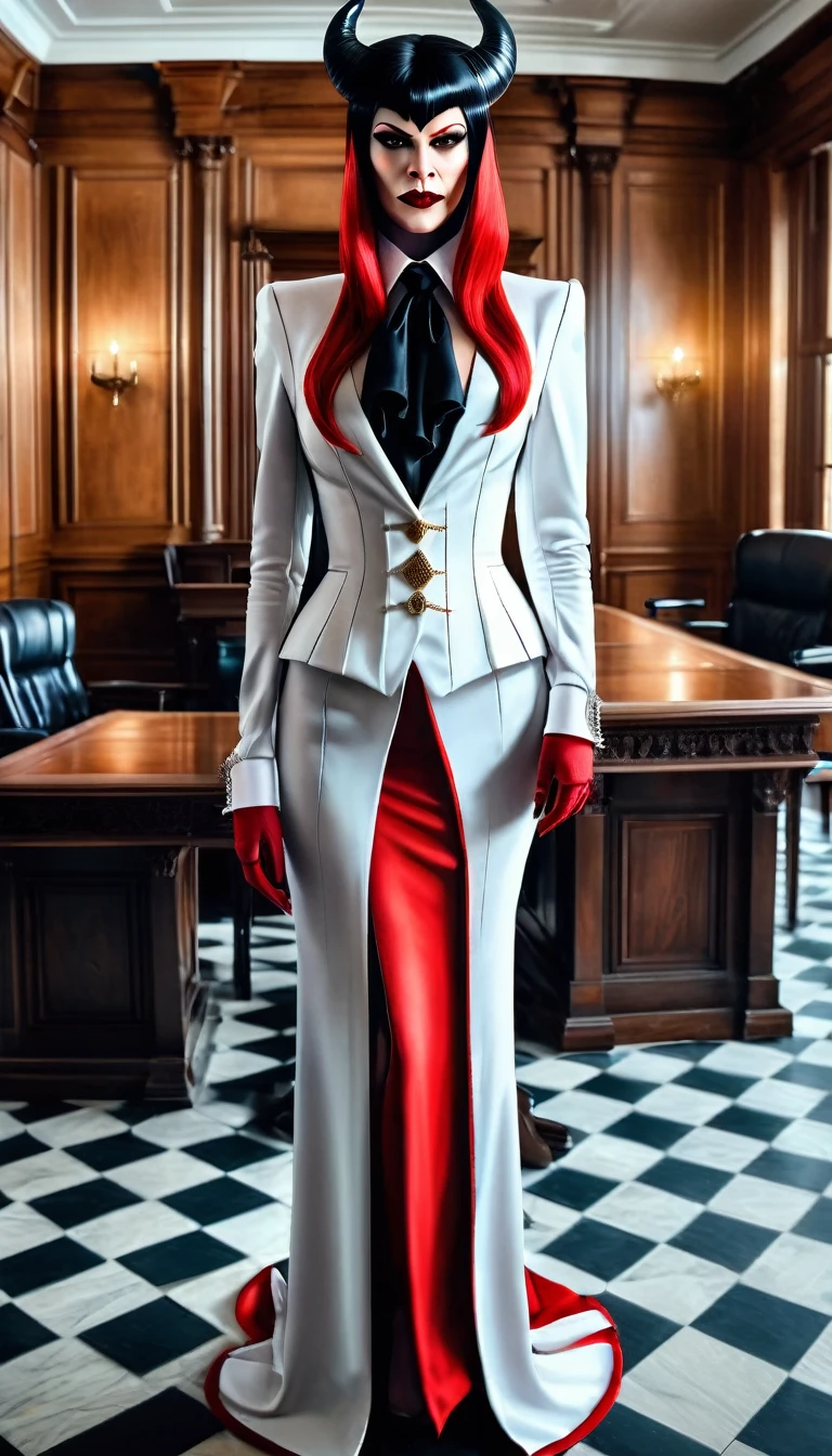 a picture of a female devil wearing barrister's wig and cloak in courtroom, a devilishly beautiful devil, ((full body shot: 1.5)), ((anatomically correct: 1.5), (ultra detailed face: 1.2), best detailed face, (red skin: 1.3), two black horns, wearing white button shirt, elegant skirt, wearing elegant stiletto heels, red tie, English barrister's wig, courtroom background, vibrant, Hyperrealism style, vibrant, Ultra-high resolution, High Contrast, (masterpiece:1.5), highest quality, Best aesthetics), best details, best quality, highres, ultra wide angle, 16k, [ultra detailed], masterpiece, best quality, (extremely detailed) RAW, photograph, Hyperrealism style, demonmawAI