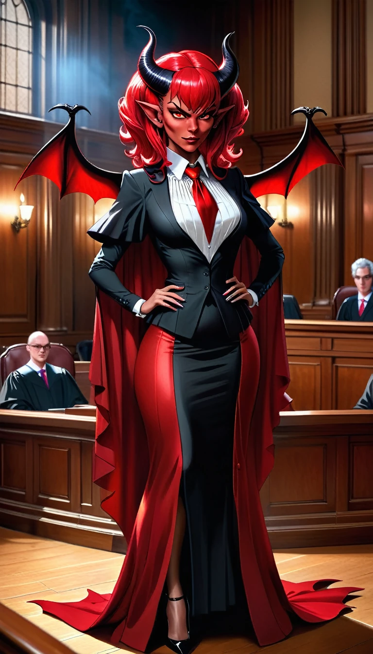 a picture of a female devil wearing barrister's wig and cloak in courtroom, a devilishly beautiful devil, ((full body shot: 1.5)), ((anatomically correct: 1.5), (ultra detailed face: 1.2), best detailed face, (red skin: 1.3), two black horns, wearing white button shirt, elegant skirt, wearing elegant stiletto heels, red tie, English barrister's wig, courtroom background, vibrant, Hyperrealism style, vibrant, Ultra-high resolution, High Contrast, (masterpiece:1.5), highest quality, Best aesthetics), best details, best quality, highres, ultra wide angle, 16k, [ultra detailed], masterpiece, best quality, (extremely detailed) RAW, photograph, Hyperrealism style, demonmawAI