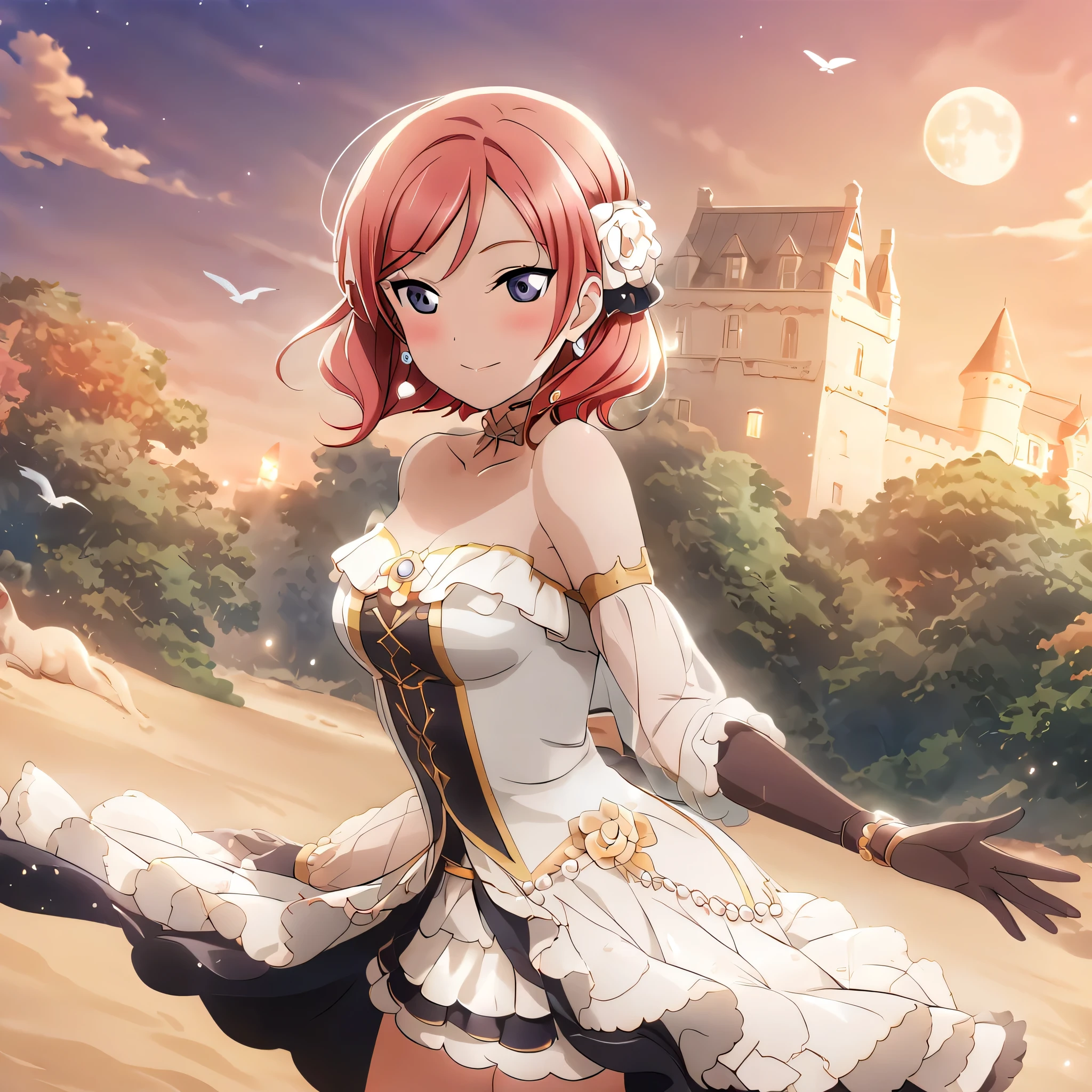 castle, Flowers, Exquisite scenes, Sky, White Cloud, The sun shines on the white sand beach. birds, pink Flowers and bright big shells, Diamond crystal, on the beach, fantasy, night Sky, moon, smokes, fire, photo, HD, 8K, UHD, Super Detail, high quality, 1080P