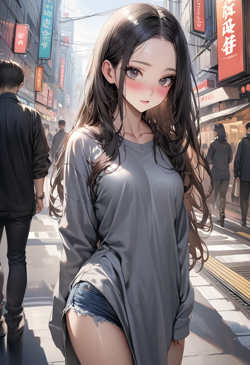 ((masterpiece,Highest quality:1.3,best quality illustration)),realistic,cowboy shot,独奏,1woman,(25 year old beauty),((very small head:1.3)),black hair,long hair,forehead,center parted bangs,black eyes,gorgeous big eyes,blush,((very long body,skinny)),medium breasts,gleaming skin,slender body,(oversized gray sweatshirt)、Denim Microshorts、standing,on street,Shinjuku、Tokyo、