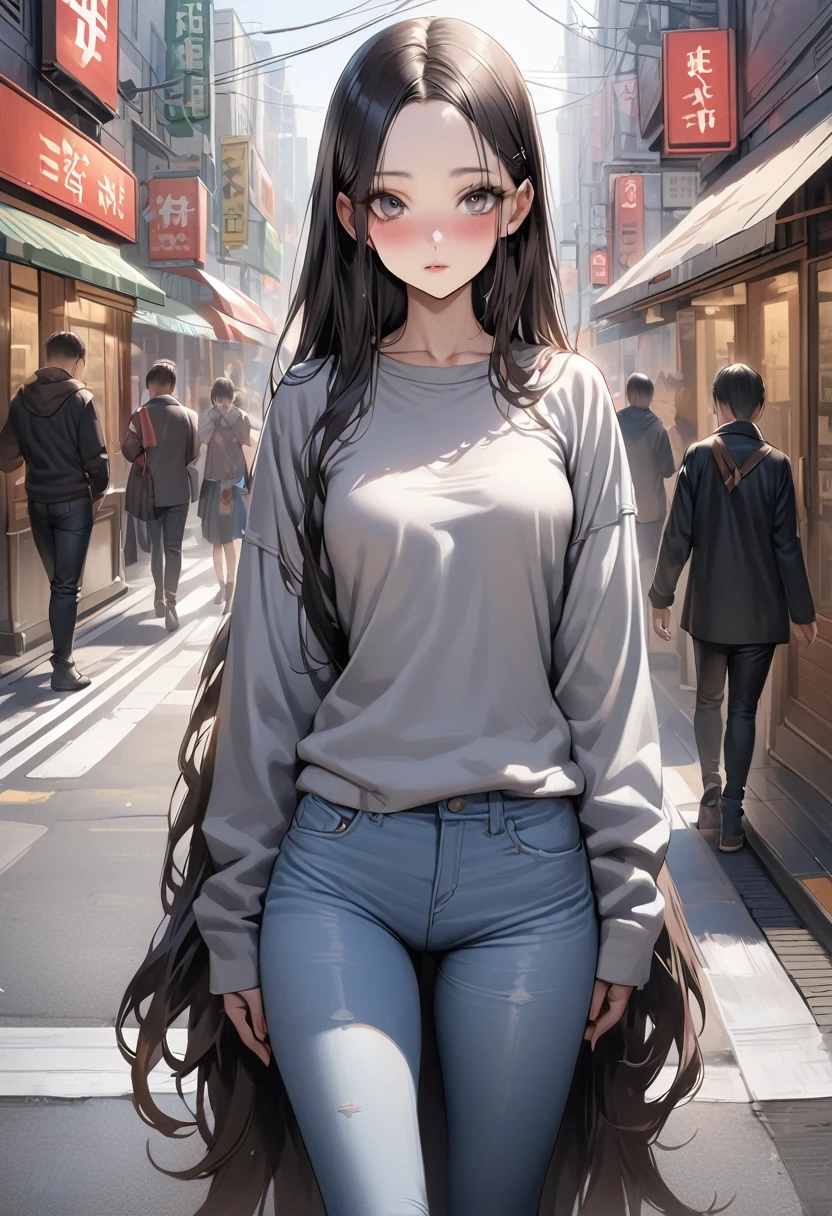 ((masterpiece,Highest quality:1.3,best quality illustration)),realistic,cowboy shot,独奏,1woman,(25 year old beauty),((very small head:1.3)),black hair,long hair,forehead,center parted bangs,black eyes,gorgeous big eyes,blush,((very long body,skinny)),medium breasts,gleaming skin,slender body,(oversized gray sweatshirt)、Denim Microshorts、standing,on street,Shinjuku、Tokyo、