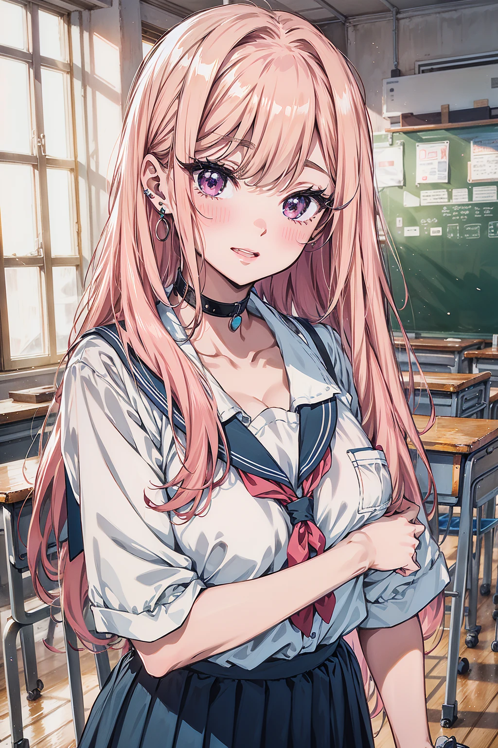 absurd, 8K, high resolution, ultra detailed, beautiful, masterpiece, best quality, very pretty woman, young, (very big breasts:1.1), detailed woman's face, very attractive, (school uniform:1.3), full body, Kitagawa Marin, two tone hair, blond long hair, pink hair tips, pink eye, white skin, slander, big boob, narrow waist, choker, earring, hand watch, bracelet,