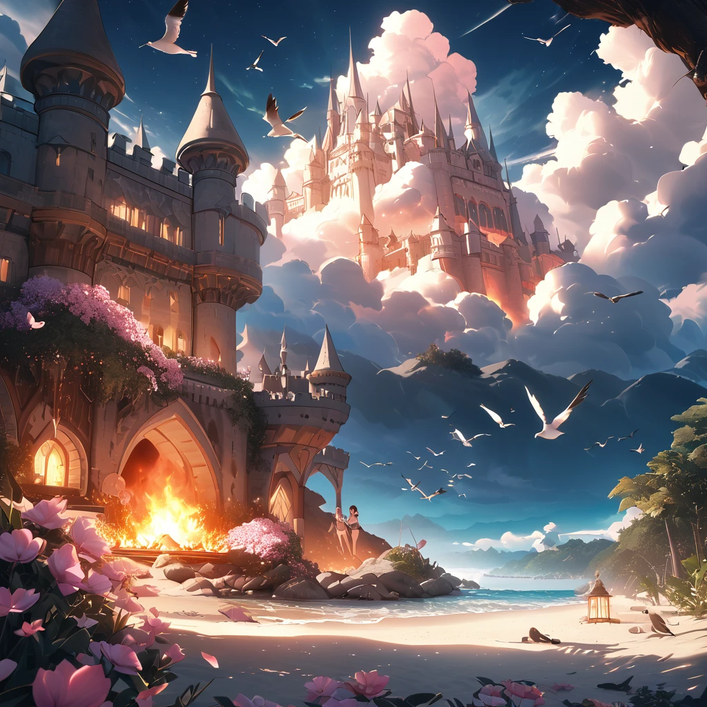 castle, Flowers, Exquisite scenes, Sky, White Cloud, The sun shines on the white sand beach. birds, pink Flowers and bright big shells, Diamond crystal, on the beach, fantasy, night Sky, moon, smokes, fire, photo, HD, 8K, UHD, Super Detail, high quality, 1080P  