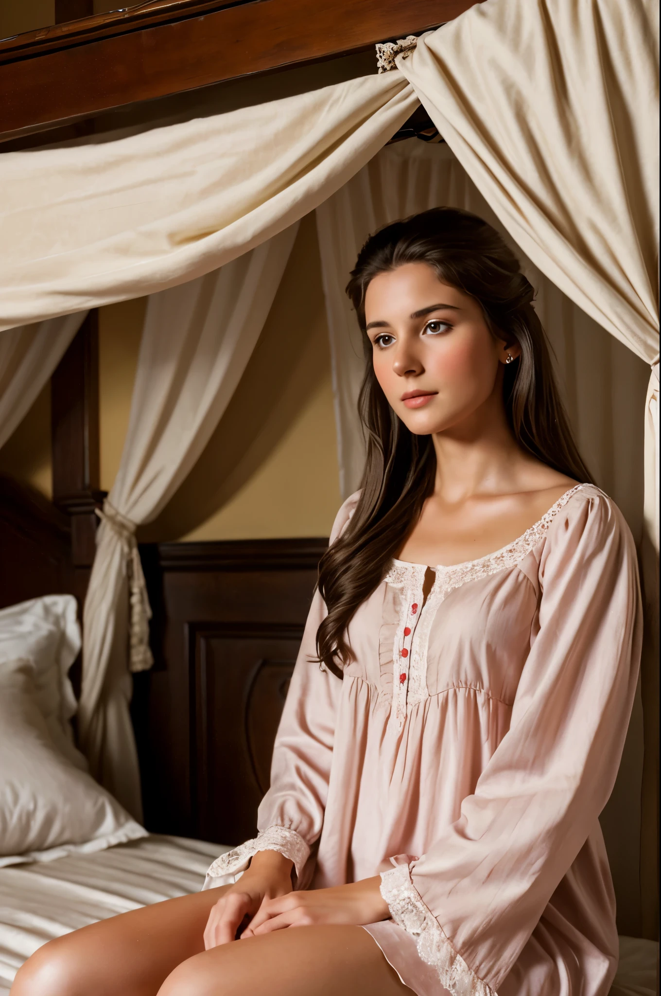 1700's scene, a beautiful 25-year-old brunette woman sitting on a four poster bed bed buttoning her the top button of her nightgown