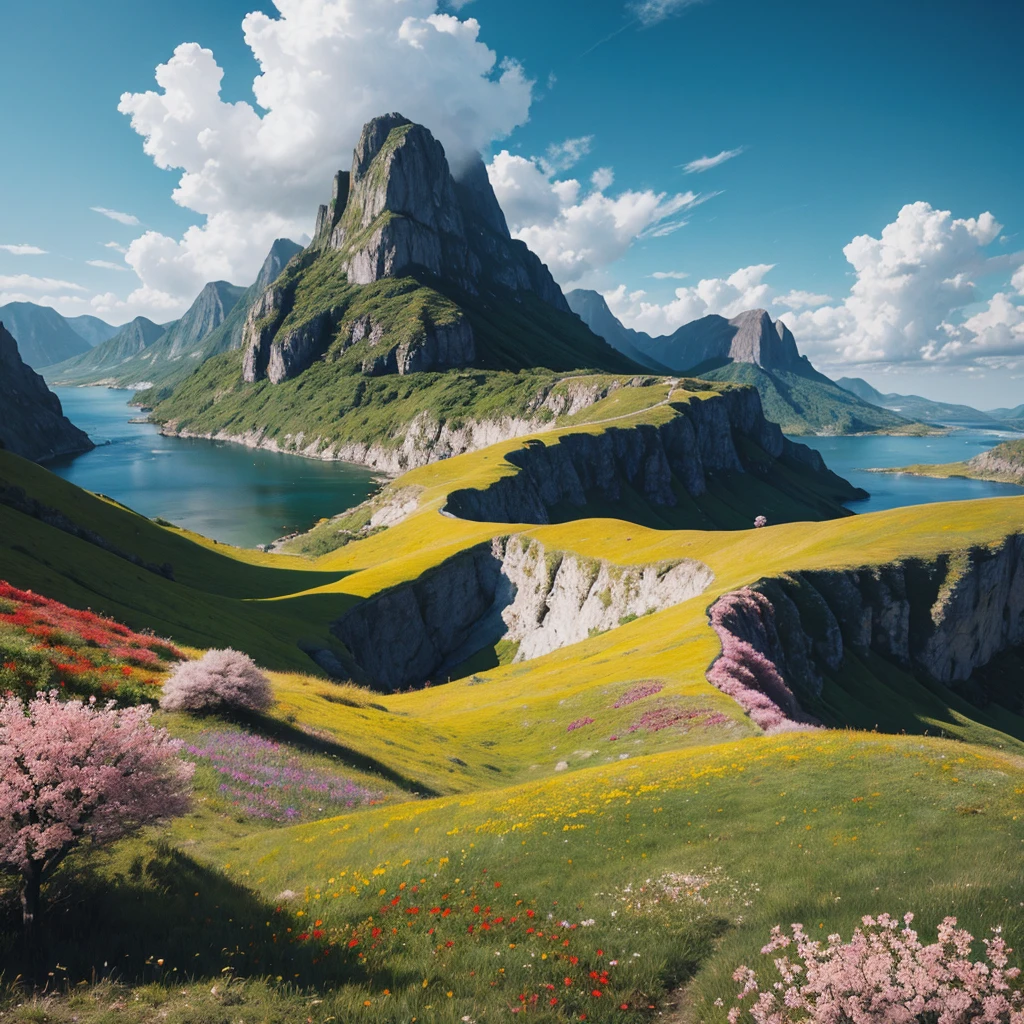 excellent oil painting of a landscape, vibrant colors, powerfull style with epic dramatism,  small willage, mistery land, best quality, maximum quality, intricate details, ultrasahrp, ambient oclusion, realistic shadows, art by Bastien Lecouffe Deharme, 8k, oil art,  8k perfect quality, dramatic magic wind with blowing leafs and flowers
