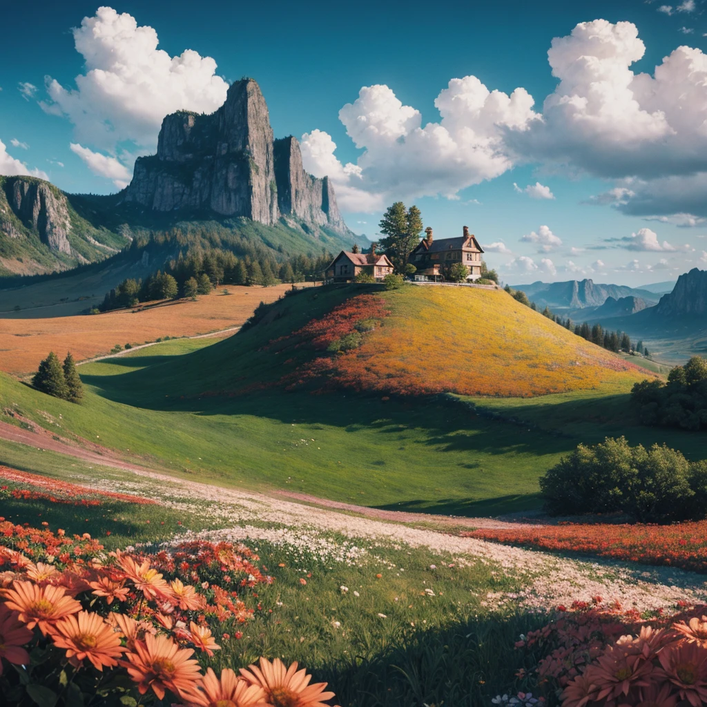 excellent oil painting of a landscape, vibrant colors, powerfull style with epic dramatism,  small willage, mistery land, best quality, maximum quality, intricate details, ultrasahrp, ambient oclusion, realistic shadows, art by Bastien Lecouffe Deharme, 8k, oil art,  8k perfect quality, dramatic magic wind with blowing leafs and flowers
