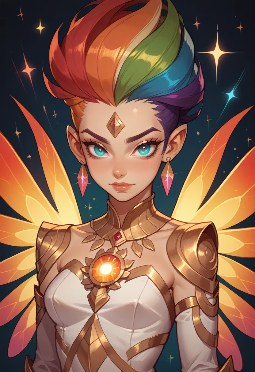 Iris Physical Characteristics: Iris is the goddess of the rainbow and messenger of the gods. She is often described as a young, vibrant woman, with a beauty that reflects all the colors of the rainbow. Her hair is long and multicolored, changing color as it moves. Your eyes are big and bright, reflecting a kaleidoscope of colors. Iris has a luminous and iridescent skin, as if it were always illuminated by the rainbow light. She has a slender and graceful figure, often portrayed in flowing, shiny robes that resemble a rainbow, and wings that sparkle with all colors.