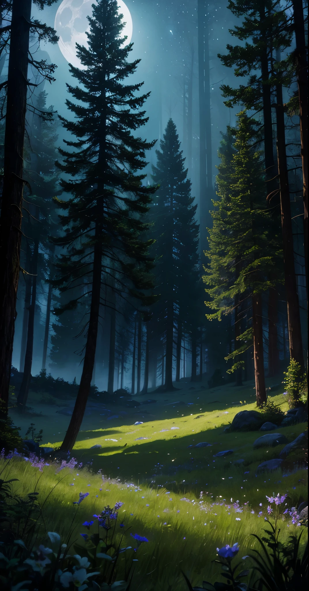 a highly detailed, comforting moonlit meadow in a lush forest at night, dense old-growth trees, mossy rocks, long grass, wildflowers, dramatic lighting, moody, cinematic, muted colors, deep shadows, glowing moonlight, mystical, ethereal, serene, night sky, stars, best quality, 4k, 8k, highres, masterpiece, ultra-detailed, realistic, photorealistic