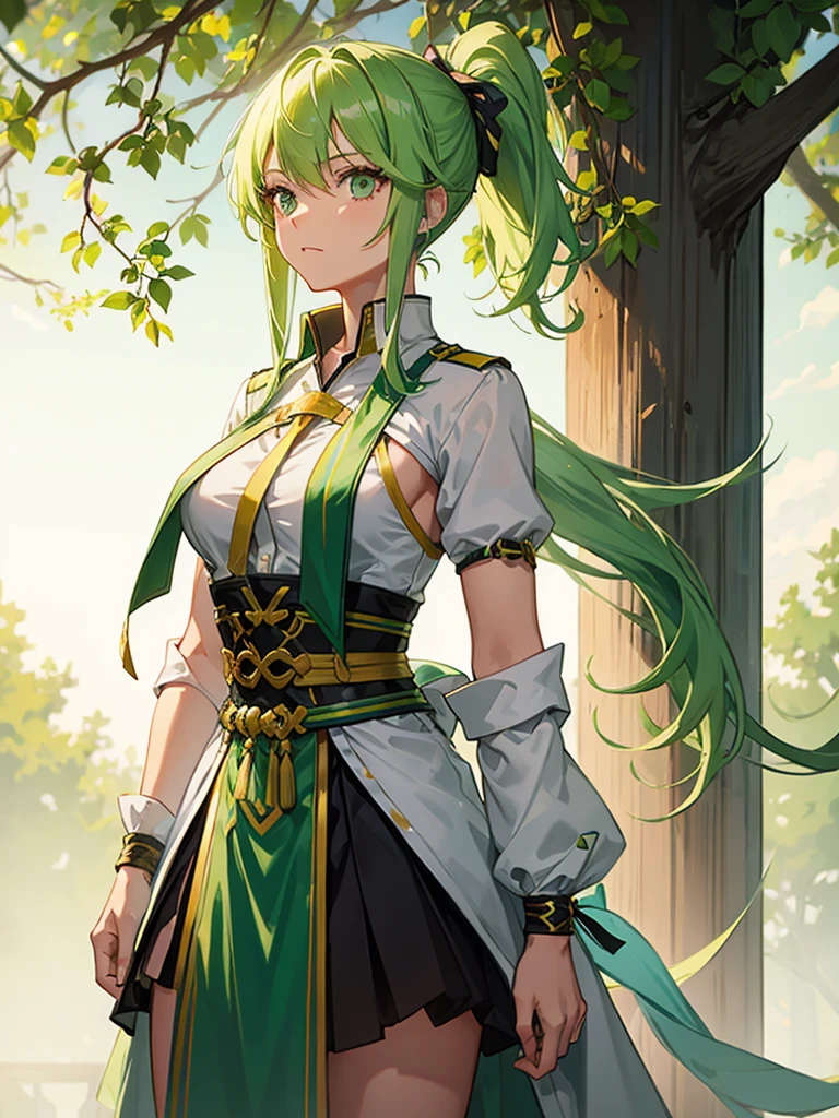 A young woman with light green hair. It was tied up in a ponytail and she was wearing warrior's clothes.
