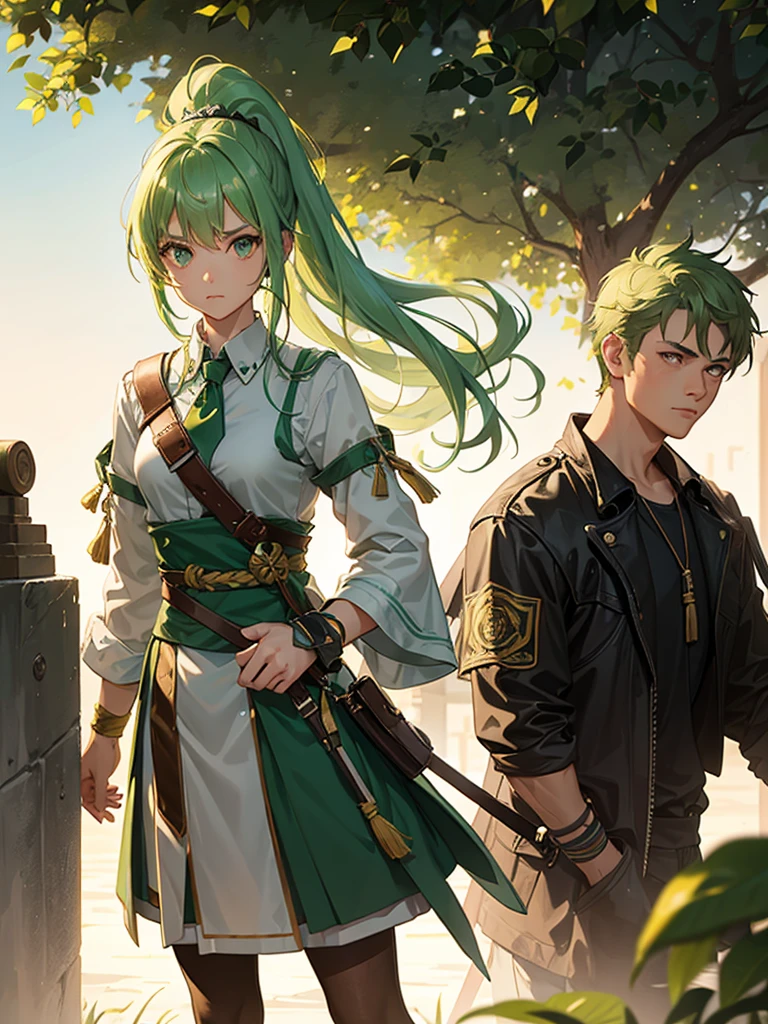 A young woman with light green hair. It was tied up in a ponytail and she was wearing warrior's clothes.