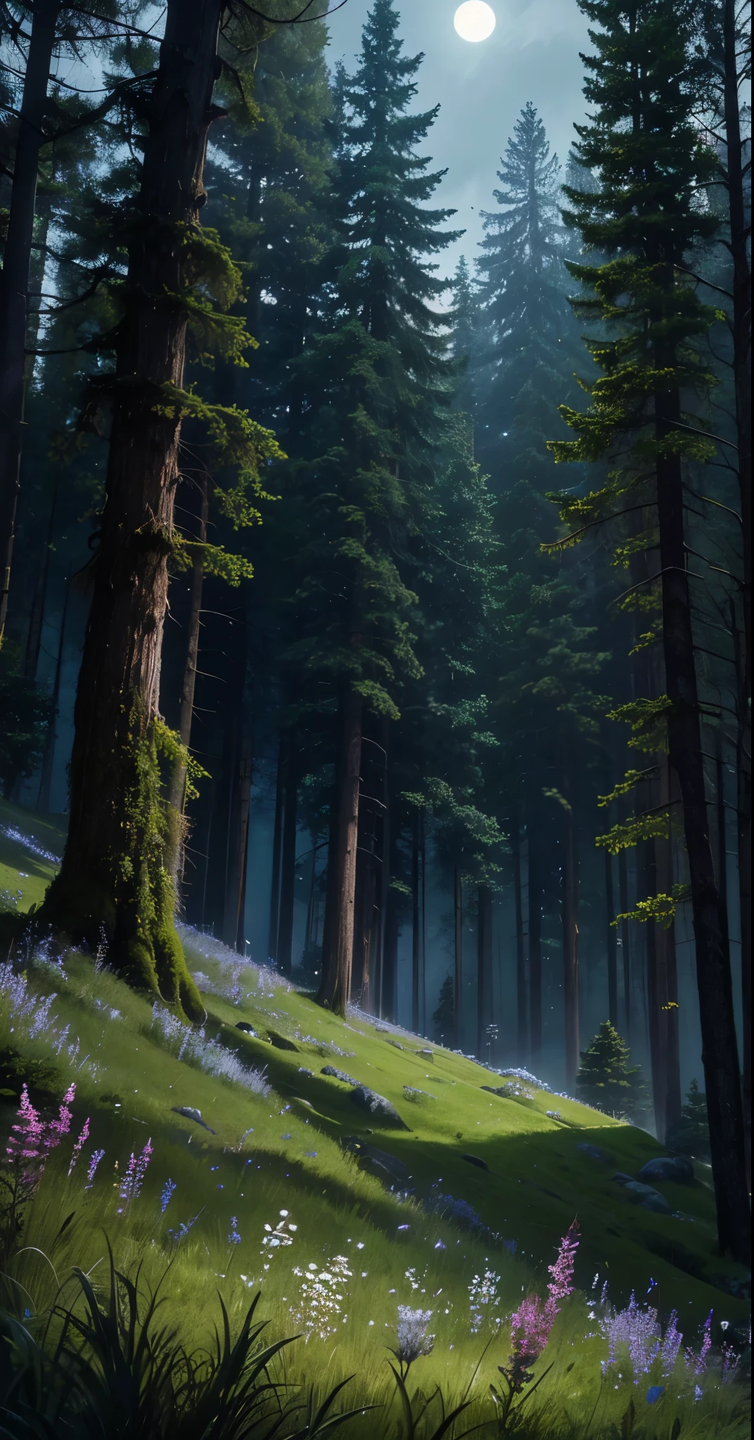 a highly detailed, comforting moonlit meadow in a lush forest at night, dense old-growth trees, mossy rocks, long grass, wildflowers, dramatic lighting, moody, cinematic, muted colors, deep shadows, glowing moonlight, mystical, ethereal, serene, night sky, stars, best quality, 4k, 8k, highres, masterpiece, ultra-detailed, realistic, photorealistic