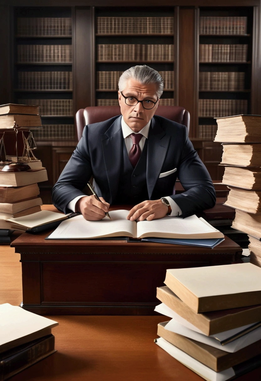 (Lawyer), sit in the office, engrossed in studying materials, demonstrating professional focus and seriousness, with a desk stacked with documents in the background, full body, award-winning, cinematic still, emotional, vignette, dynamic, vivid, (masterpiece, best quality, photorealistic, Professional, perfect composition, very aesthetic, absurdres, ultra-detailed, intricate details:1.3)