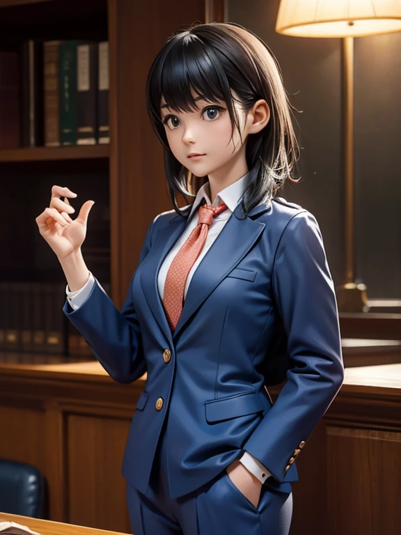 girl, solo, (lawyer), (Court), Peach-colored suit, pants suit, Badge on left chest, Hair is neatly tied up, court, Classical architecture, Wide々としたCourt, With the audience watching, Lighting Effects,Dramatic shading,A fusion of natural and artificial light,
Court内の音,The sound of flipping through documents,Whispered conversation, Silence and tension,Calm and analytical,女性lawyerの態度,Professional Attitude