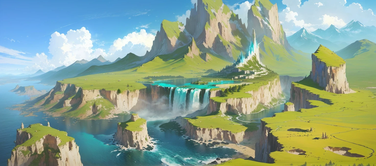There is a painting,There is a mountain in the painting,There is a waterfall in the middle, anime scenery Concept Art, Concept Art. Epic Landscapes, Concept World Art, digital painting Concept Art, colorful Concept Art, Concept Art style, environment Concept Art, scenery game Concept Art, Final Fantasy VLL World Concept, Concept Art for a video game, Concept Art world, painterly Concept Art