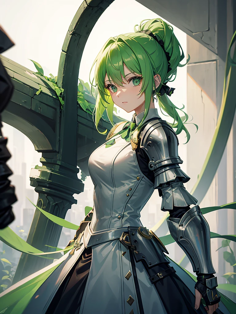 A young woman with light green hair. It was tied up in a ponytail and she was wearing a knight armor