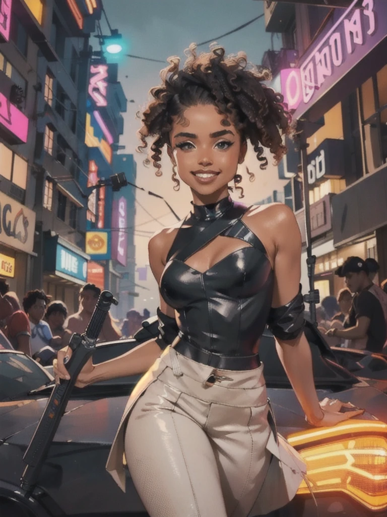 /imagine a cyberpunk warrior, a beautiful black woman, with light brown curly hair, ((her face is like that of the South African singer Tyla)), (she has a slutty smile, a tomboyish smile, beautiful teeth, but the look is sensual and seductive), she has round, small and firm breasts, a very thin waist, thick and toned thighs, she wears leather clothes with neon details, she wields a technological weapon, in the background a futuristic city, in the style of the film Blade Runner 2049