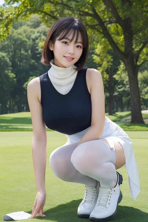 Highest quality、8k、masterpiece、Ultra-high resolution、Clear photos、Professional Lighting、Natural light、Realistic,、Highly detailed skin、Perfect Anatomy、One Woman、18-year-old、Baby Face:1.4、Large Breasts、(Large areola)、Large erect nipples:1.6、Glamour、Short Bob:1.4、Black Hair、Beautiful Hair、Thin legs、smile、Embarrassed expression、Golf Wear、(Sleeveless knit:1.1)、(Perfect Pantyhose:1.2)、Black Pantyhose、(White turtleneck)、(Blue tight skirt)、Micro Mini Skirt、At the golf course、Crouched down to play golf、Squat with your legs apart、Exposed thighs、White pants