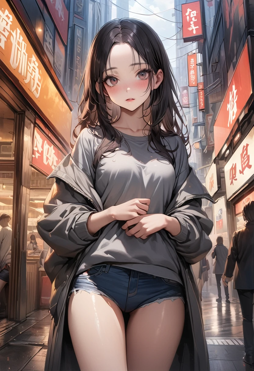 realistic、((masterpiece,Highest quality:1.3,best quality illustration)),cowboy shot,独奏,1woman,(25 year old beauty),((very small head:1.3)),black hair,long hair,forehead,center parted bangs,black eyes,gorgeous big eyes,blush,((very long body)),medium breasts,gleaming skin,slender body,(oversized gray sweatshirt)、Denim Microshorts、standing,on street,Shinjuku、Tokyo、