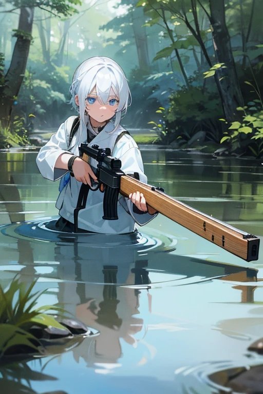 White hair-blue eyes boy, aiming with Reemington 700, to girl, bathing in a small river in the forest, because you don't know what it is