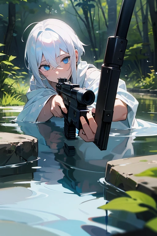 White hair-blue eyes boy, aiming with Reemington 700, to girl, bathing in a small river in the forest, because you don't know what it is