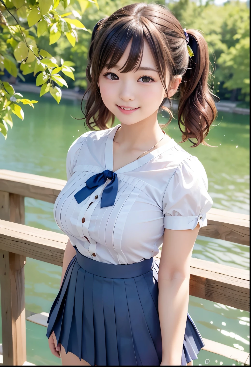 (Highest quality,masterpiece:1.3,Ultra-high resolution),(Very detailed、Caustics) (Realistic:1.4, RAW shooting、)Ultra-Realistic Capture、Very detailed、Natural skin texture、masterpiece、(A Japanese  wearing a blouse and pleated skirt:1.3)、Adorable expression、Expressions of happiness、10 years old、height: 1ce、Pure girl、Amazingly cutel hairstylair、ribbon、Black Hair、Large Breasts、Shining thighs、Shining ass、necklace、Shade by the lake、Background details、smile、An inviting gaze、(Anatomically correct)、Cowboy Shot、Attention to detail、Breast lift