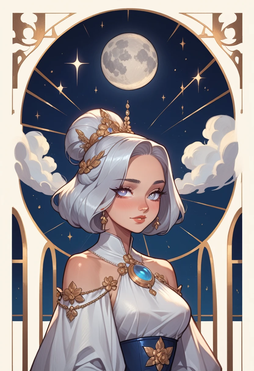 Selene Physical Characteristics: Selene is the goddess of the moon. She is often described as a woman of serene, heavenly beauty.. Her hair is long and silver, shining like moonlight. Your eyes are big and silver or blue, full of mystery and calm. Selene has clear and luminous skin, reflecting the soft glow of the moon. She has a slim and elegant figure, often seen wearing white or silver robes that float around her like an ethereal mist. She is often depicted driving a carriage drawn by white horses, lighting up the night with your presence.