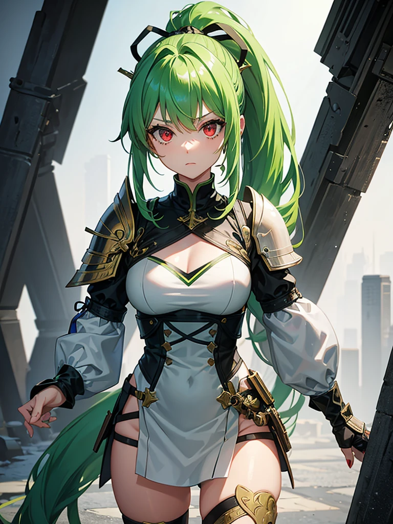 A young woman with light green hair. It was tied up in a ponytail and she was wearing a knight armor. She have red eyes.