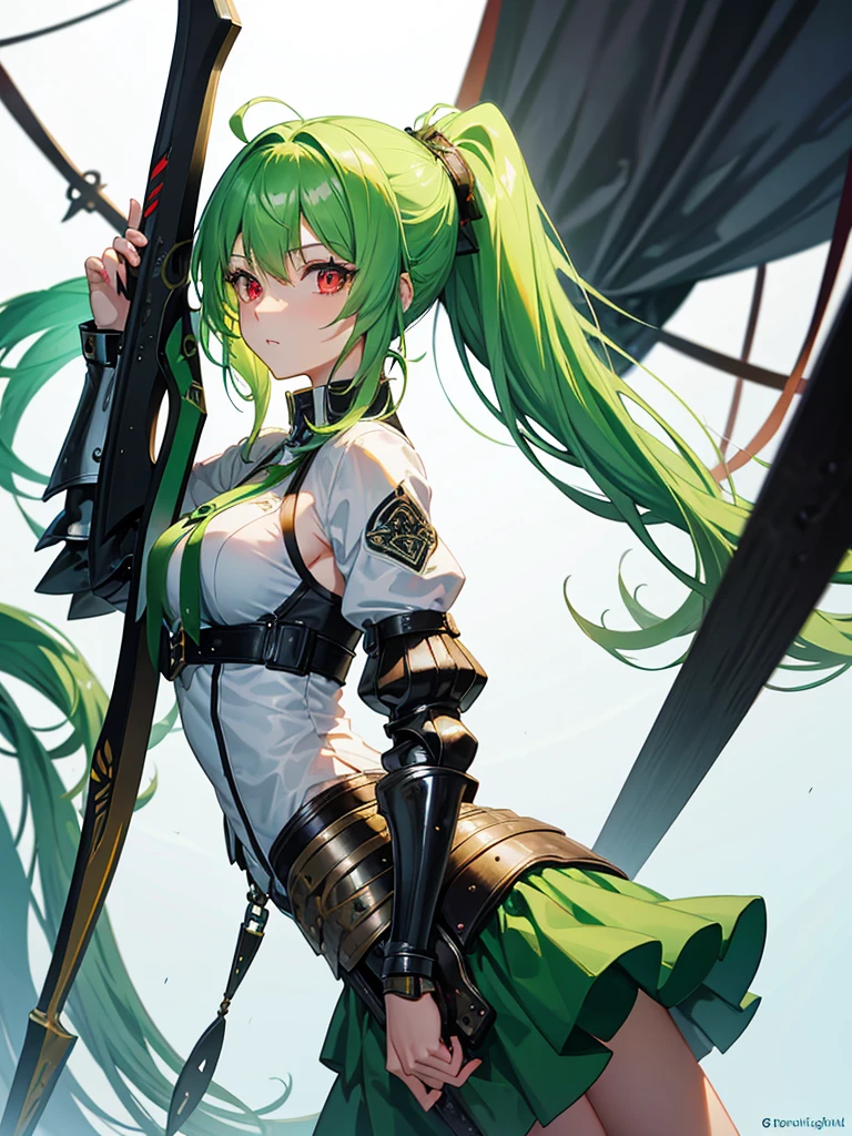A young woman with light green hair. It was tied up in a ponytail and she was wearing a knight armor. She have red eyes.