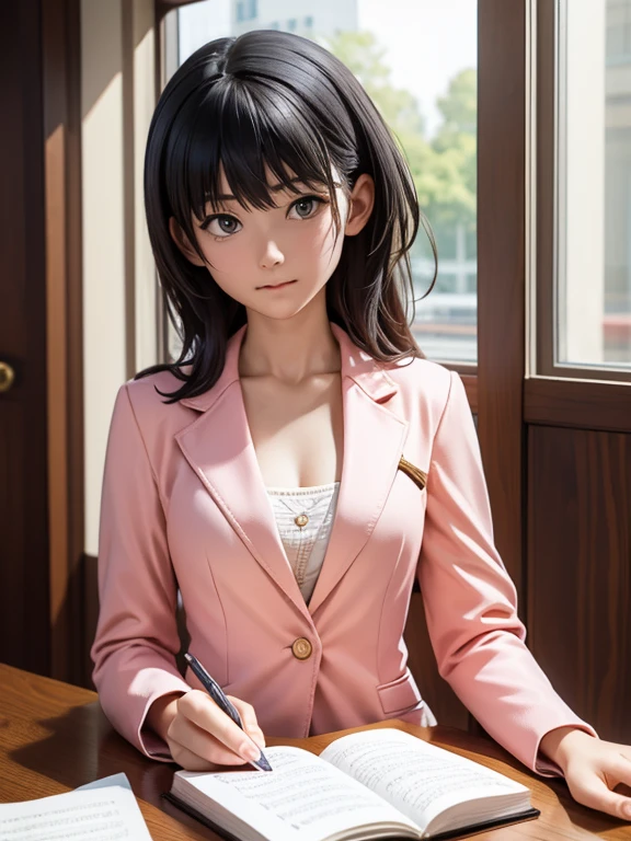 girl, solo, (lawyer), (Court), Peach-colored suit, pants suit, Badge on left chest, Hair is neatly tied up, court, Classical architecture, Wide々としたCourt, With the audience watching, Lighting Effects,Dramatic shading,A fusion of natural and artificial light,
Court内の音,The sound of flipping through documents,Whispered conversation, Silence and tension,Calm and analytical,女性lawyerの態度,Professional Attitude