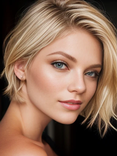 blonde woman with green eyes posing for a picture, blonde short hair, blonde and attractive features, short blonde hair, short blond hair, blonde hair and green eyes, blonde hair green eyes, short wavy blond hair, a gorgeous blonde, short curly blonde haired girl, a girl with blonde hair, short hair with gel, beautiful face and flawless skin. Bare shoulders, bare neck. Naked, nude