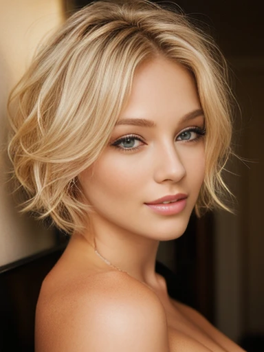 blonde woman with green eyes posing for a picture, blonde short hair, blonde and attractive features, short blonde hair, short blond hair, blonde hair and green eyes, blonde hair green eyes, short wavy blond hair, a gorgeous blonde, short curly blonde haired girl, a girl with blonde hair, short hair with gel, beautiful face and flawless skin. Bare shoulders, bare neck. Naked, nude