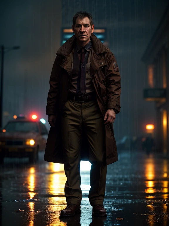 DC, (full body shot:1.2),(rainy:1.2),Brown jacket,Shirt and tie,cloudy,cyberpunk,volumetric lighting,masterpiece,cinematographic