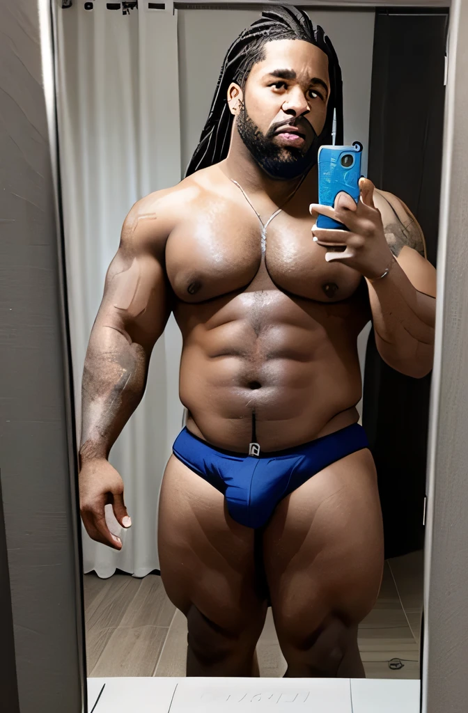 long dark dreadlocked Drake, thick, fatty muscular, taking mirror selfie with cellphone, big bulge white speedo, bedroom, clean skin