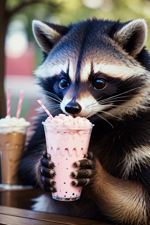 Raccoon drinking milkshake