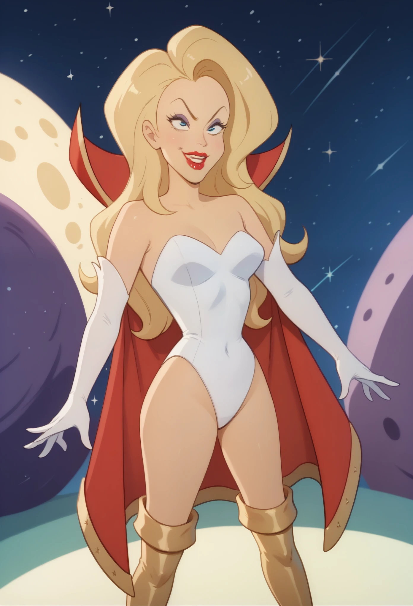 xdqueenx, long hair, blond hair, blue eyes, makeup, lipstick, white leotard, gold cape, white elbow gloves, gold thigh boots, space background, hands on legs, ahegao, light smile, looking on viewer, 