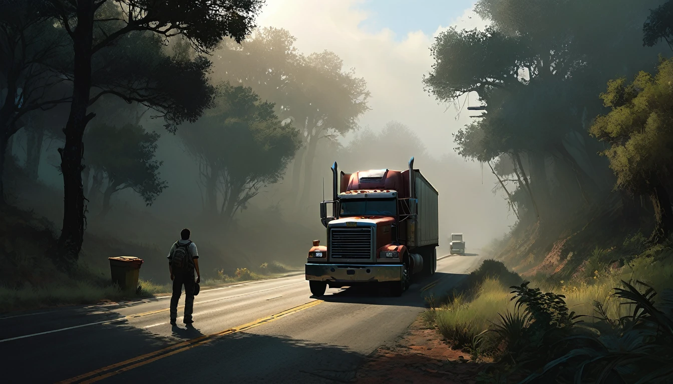 017: On the other side, the road seems even more desolate. They drive for hours without encountering any signs of life. The whispers in the fog become clearer, and Juan can almost make out words, though they don't make sense. He remembers stories about truckers who disappeared in the fog, never to be seen again. These stories always seemed exaggerated to him, but now he starts to believe them. The scene is rendered with cinematic color tones and intricate details, resembling a highly realistic game illustration style, inspired by Craig Mullins' atmospheric and detailed artwork, akin to a key art concept for a suspenseful video game like "The Last of Us."