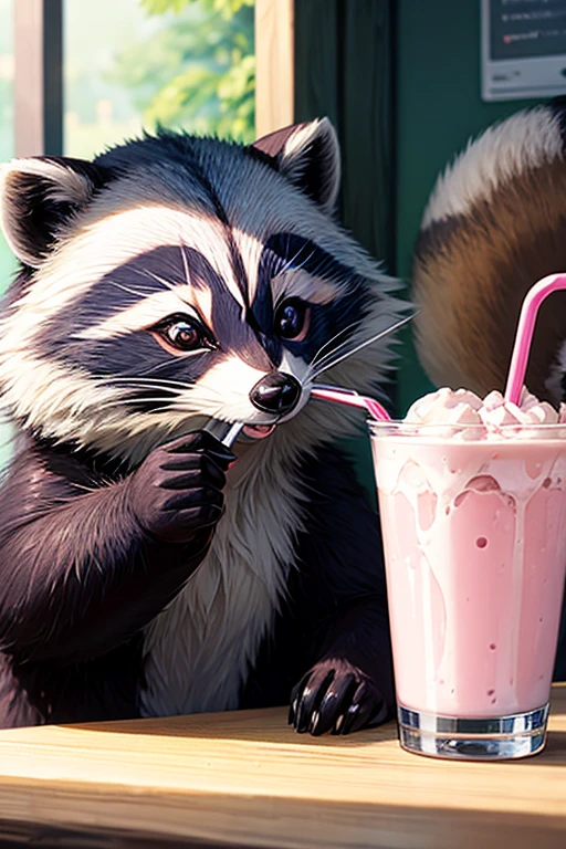 Raccoon drinking milkshake