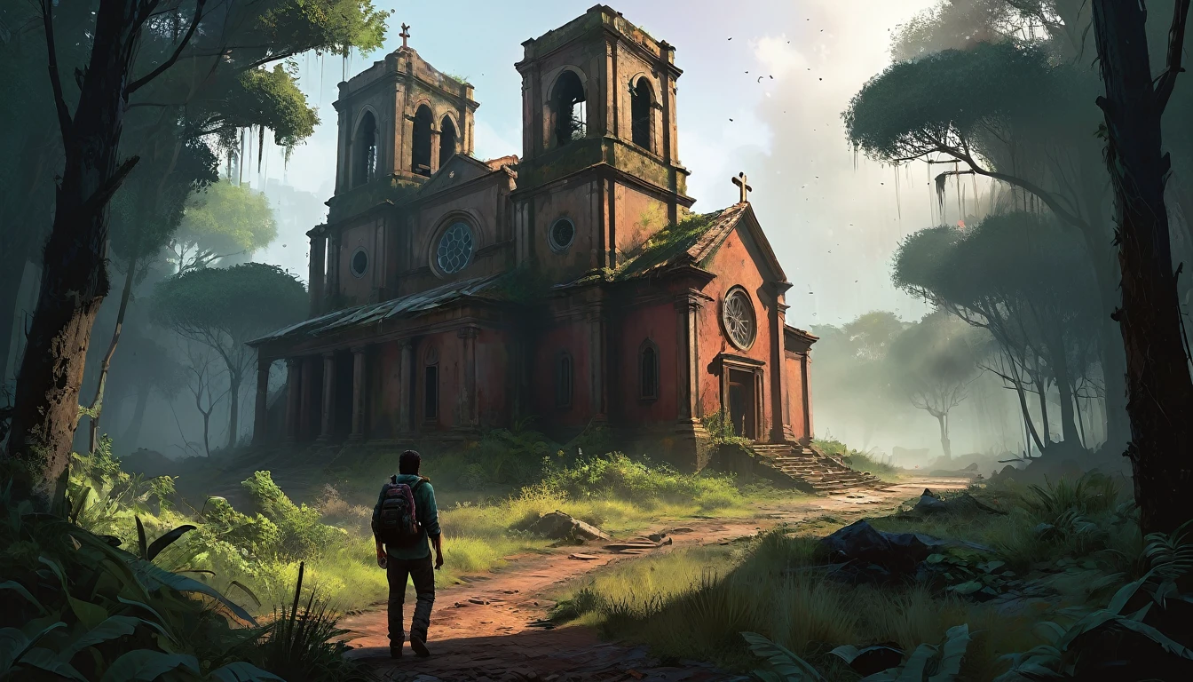 018: Pedro suggests they try to set up an improvised camp until the fog clears, but Juan resists. He feels that stopping would be a fatal mistake. They continue, with fuel running low. At one point, they find a small clearing with the ruins of an old church. Juan feels a strange pull towards the place, as if something is calling him. The scene is rendered with cinematic color tones and intricate details, resembling a highly realistic game illustration style, inspired by Craig Mullins' atmospheric and detailed artwork, akin to a key art concept for a suspenseful video game like "The Last of Us."
