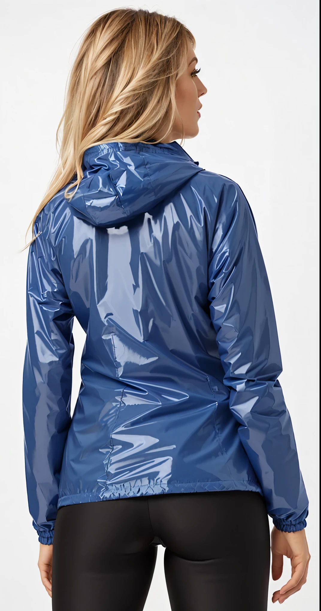 a woman wearing a blue jaket and black leggings, harmony blue jaket, glossy From rain, she is wearing a wet coat, tight blue closed overcoat, sports clothes, rear view, rear view, blue jaket, jaket, F / 2 0, sports clothes, wearing a blue sweatshirt, wearing blue jaket, rear view also, wet look, wearing a blue jaket